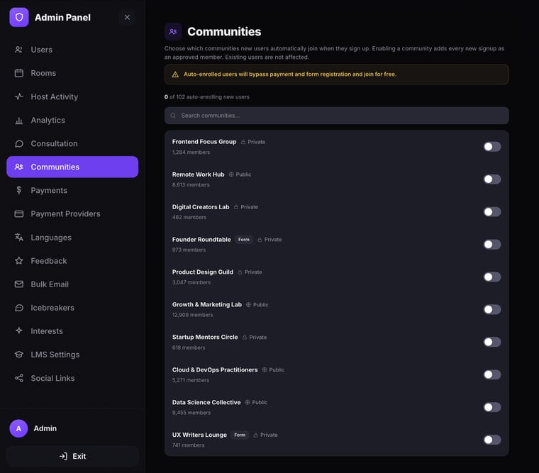 The Communities page showing a description of auto-enrollment, a warning banner about bypassing payment, a search bar, and a list of three communities with toggles for auto-enrollment