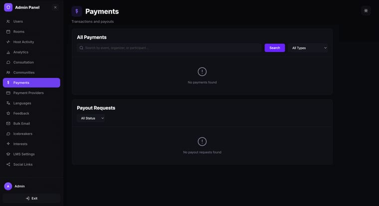 The Platform Payments page showing All Payments and Payout Requests sections in their empty state