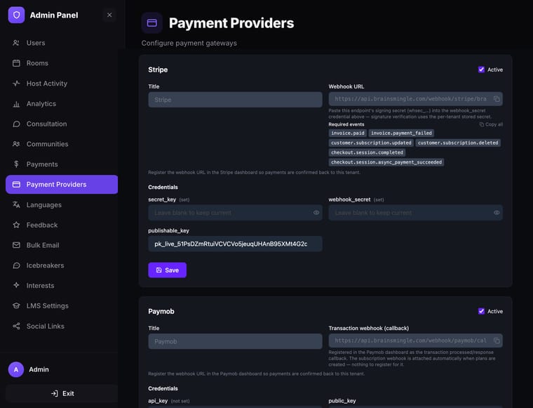 The Payment Providers page showing configuration cards for Stripe and Paymob gateways, each with an Active checkbox, Title field, Webhook URL with copy button, required webhook events, and credential fields for API keys and secrets