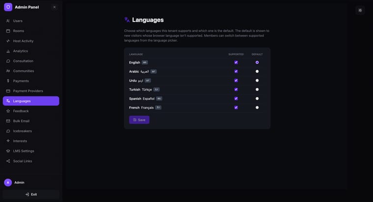 The Languages page showing a table of six languages with Supported checkboxes all enabled and the Default radio button selected on English, with a Save button at the bottom