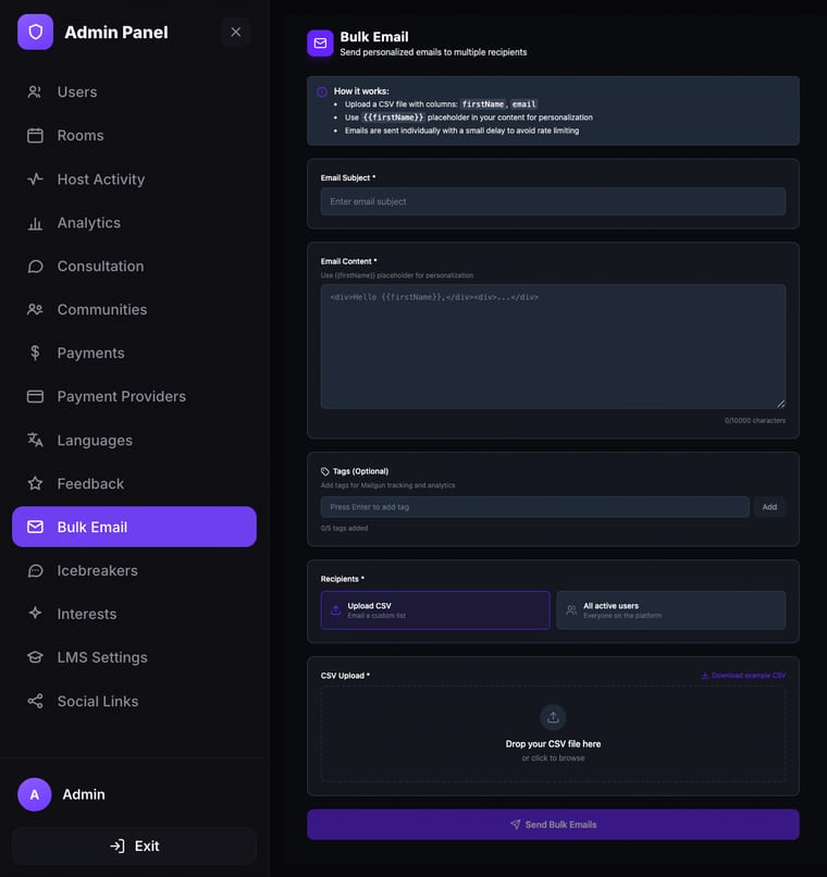 The Bulk Email page with subject, content, tags, recipients, and CSV upload sections