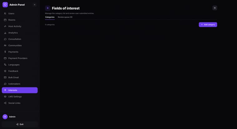The Admin Panel sidebar with the Interests menu item highlighted, showing the Fields of interest page with the Categories tab open