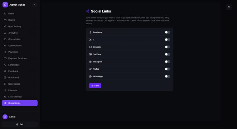 The Social Links page with all seven networks toggled off