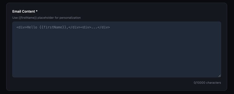 The Email Content field with HTML markup and the {{firstName}} placeholder