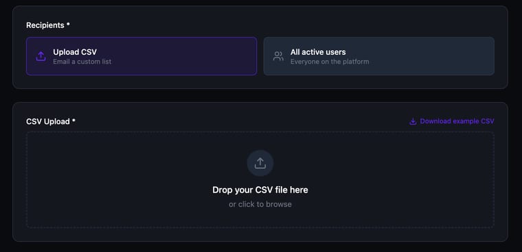 The Recipients section with Upload CSV selected and the CSV upload area