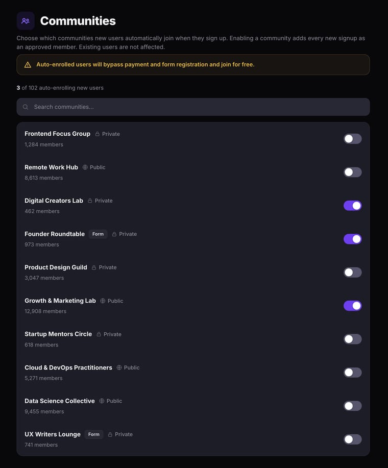 A closer view of the Communities page showing Apex Academy with auto-enrollment enabled (purple toggle), and IoT Community in MENA and Female Tech Founders with auto-enrollment disabled (grey toggles)