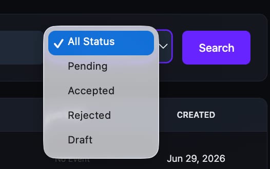 The Status filter dropdown expanded on the Requests tab showing five options: All Status (selected), Pending, Accepted, Rejected, and Draft