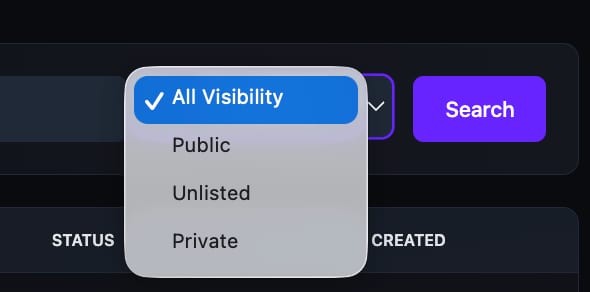 The Visibility filter dropdown expanded showing four options: All Visibility (selected), Public, Unlisted, and Private