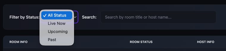 The Filter by Status dropdown expanded on the Rooms tab showing four options: All Status (selected), Live Now, Upcoming, and Past