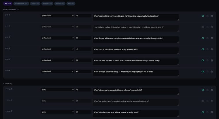 The Icebreakers page showing questions grouped by category with Professional having 2 questions, Story 1, Opinion 1, and Future 1, each with inline editable fields and visibility, save, and delete action icons