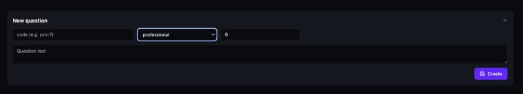 The New question form showing fields for code, a category dropdown set to professional, an order number field, a question text area, and a Create button