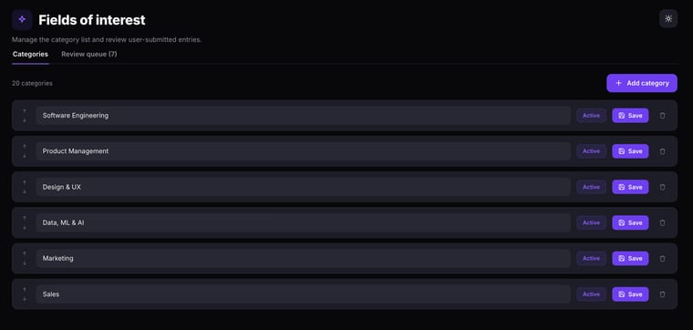 The Categories tab showing a list of interest categories with reorder arrows, editable name fields, Active badges, Save buttons, and delete icons