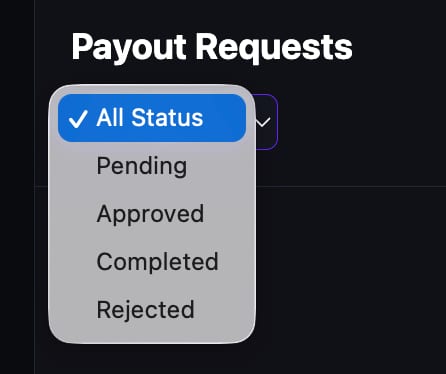 The All Status dropdown expanded showing Pending, Approved, Completed, and Rejected filter options
