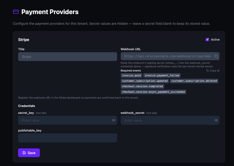 The Stripe configuration card showing the Active checkbox, Title field, Webhook URL with a copy button, list of six required webhook events, and credential fields for secret_key, webhook_secret, and publishable_key
