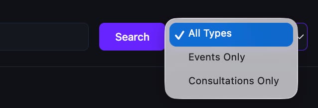 The All Types dropdown expanded showing All Types, Events Only, and Consultations Only filter options