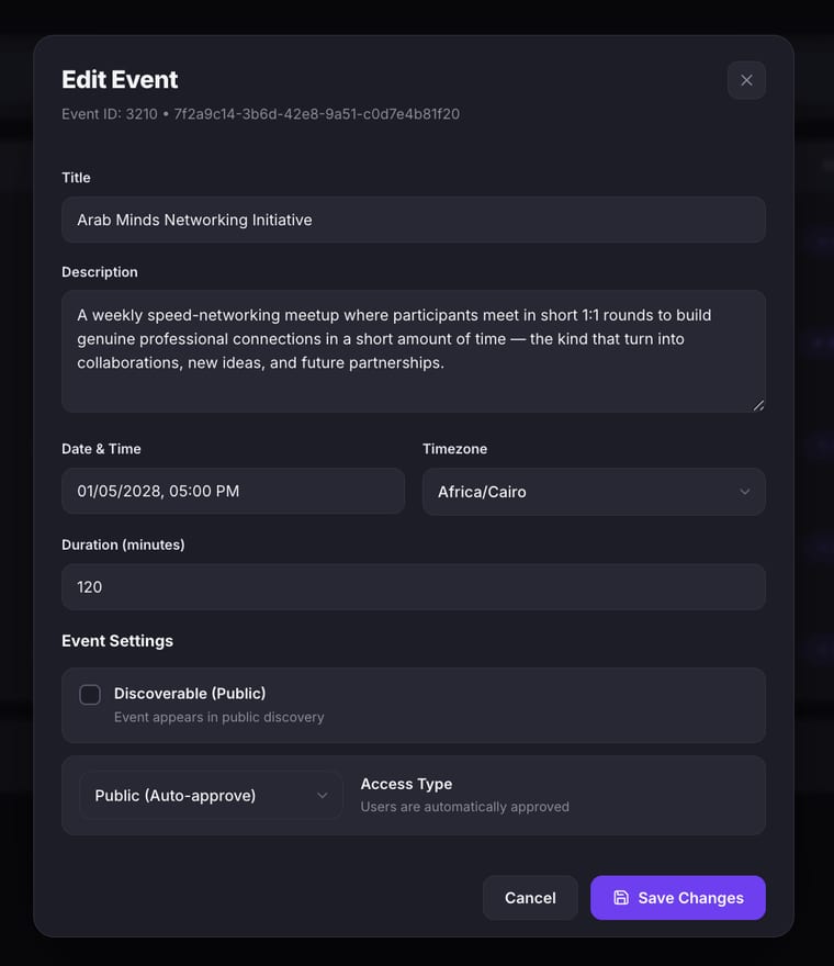 The Edit Event dialog showing fields for Title, Description, Date and Time, Timezone, Duration in minutes, and an Event Settings section with a Discoverable (Public) checkbox