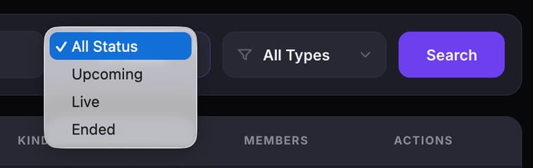 The Status filter dropdown expanded showing four options: All Status (selected), Live Now, Upcoming, and Past