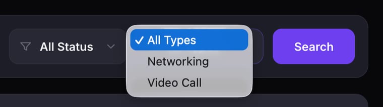 The Types filter dropdown expanded showing four options: All Types (selected), Networking, Webinar, and Video Call