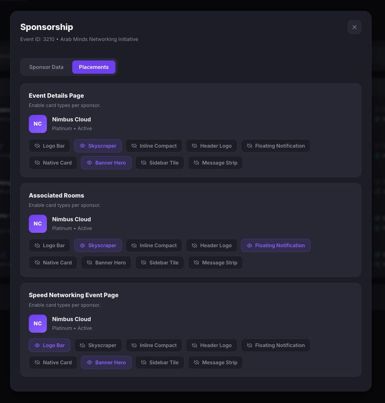 The Placements tab showing the Event Details Page and Associated Rooms sections, with IBM and Microsoft listed as sponsors and various placement types toggled on in purple including Logo Bar, Banner Hero, Inline Compact, Floating Notification, Skyscraper, and Header Logo