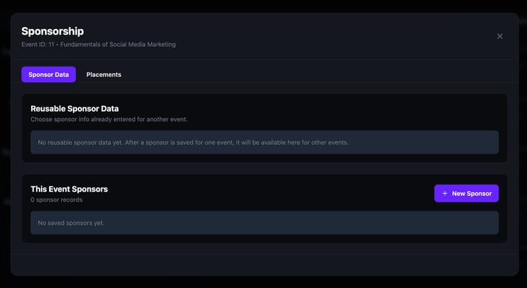 The Sponsorship dialog on the Sponsor Data tab showing the Reusable Sponsor Data section with no data yet and the This Event Sponsors section with 0 sponsor records and a New Sponsor button