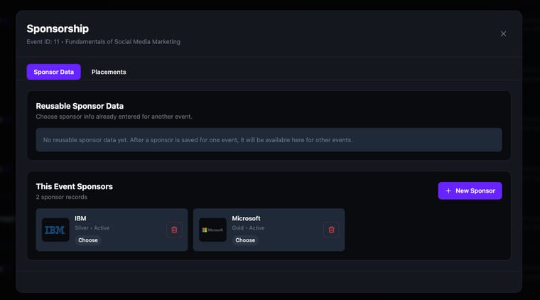 The Sponsorship dialog showing two sponsor records: IBM as Silver and Active, and Microsoft as Gold and Active, each with a Choose button and delete icon