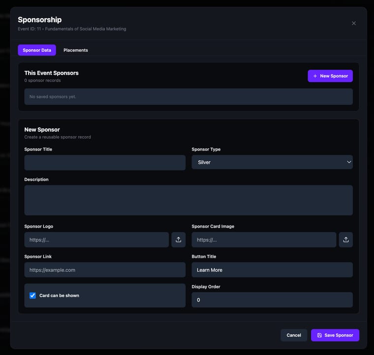 The New Sponsor form with empty fields for Sponsor Title, Sponsor Type set to Silver, Description, Sponsor Logo URL, Sponsor Card Image URL, Sponsor Link, Button Title set to Learn More, Card can be shown checkbox checked, and Display Order set to 0