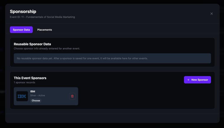 The Sponsorship dialog showing IBM saved as a sponsor record under This Event Sponsors with Silver tier and Active status, alongside a Choose button and a delete icon