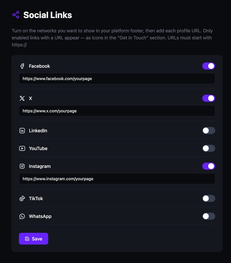 Social Links with Facebook, X, and Instagram enabled and profile URLs entered