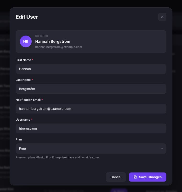 The Edit User dialog showing the user's avatar, ID, name, and email at the top, with editable fields for First Name, Last Name, Notification Email, Username, and Plan dropdown set to Free