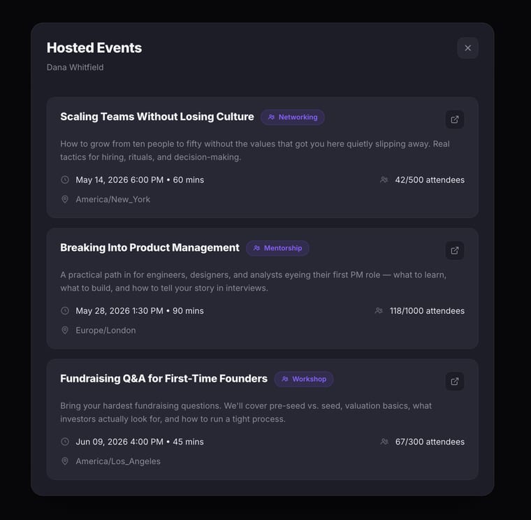 The Hosted Events dialog for a user showing two networking events with titles, descriptions, dates, durations, attendee counts, and timezone information
