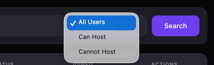 The filter dropdown expanded showing three options: All Users (selected), Can Host, and Cannot Host