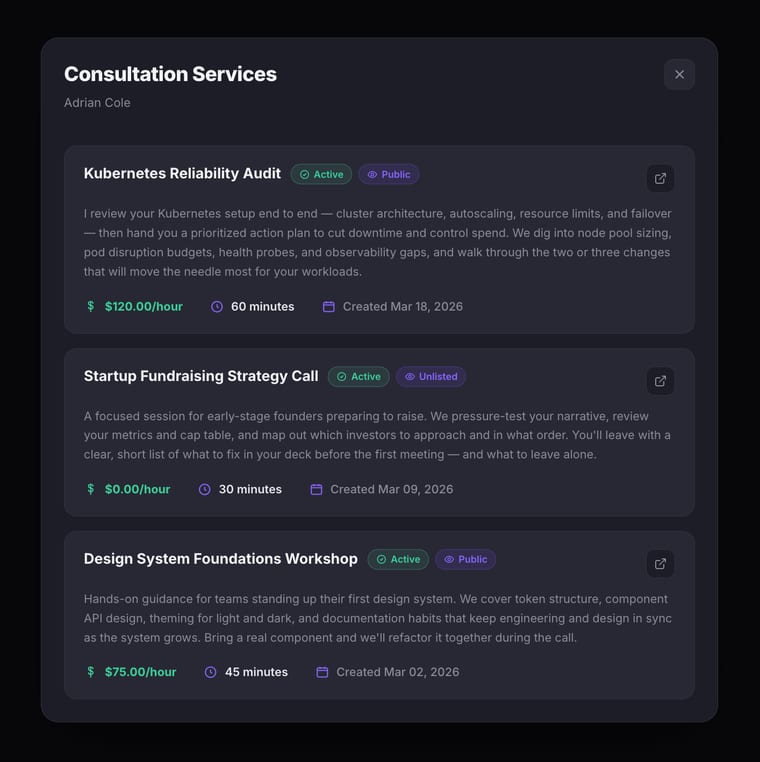 The Consultation Services dialog for a user showing a Leadership Coaching service marked as Active and Public, with a rate of $120 per hour, 45-minute sessions, and a creation date