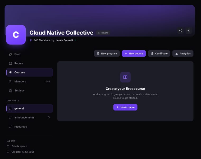 The Courses tab in its empty state showing New program, New course, Certificate, and Analytics buttons at the top, with a prompt to create the first course or add a program