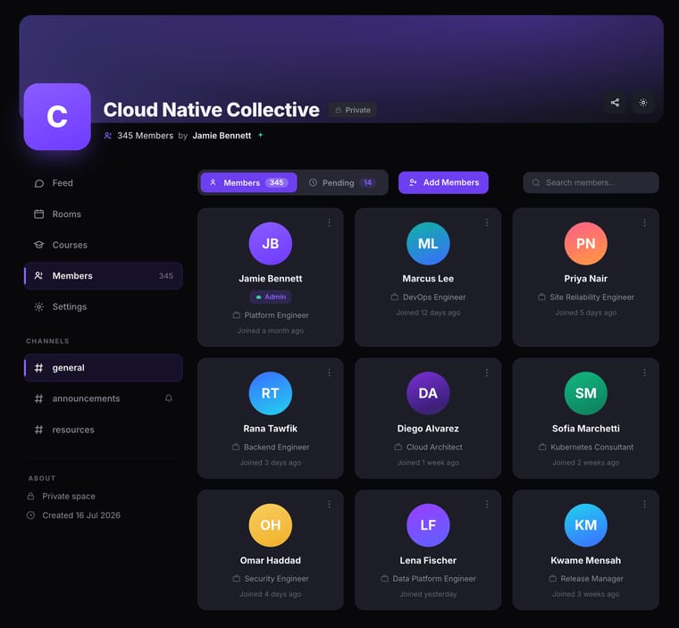 The Members page showing a grid of member cards with avatars, names, job titles, role badges, and join dates, with Members, Pending, Add Members tabs and a search field at the top