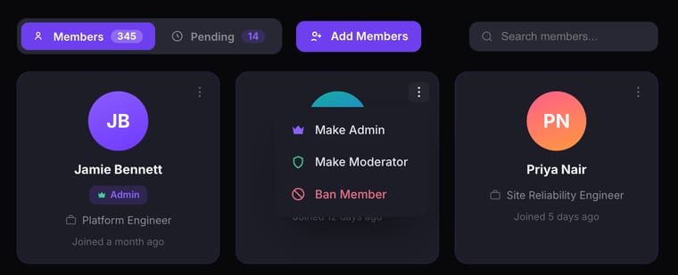 The Members tab showing member cards with a three-dot menu open on one card, displaying Make Admin, Make Moderator, and Ban Member options