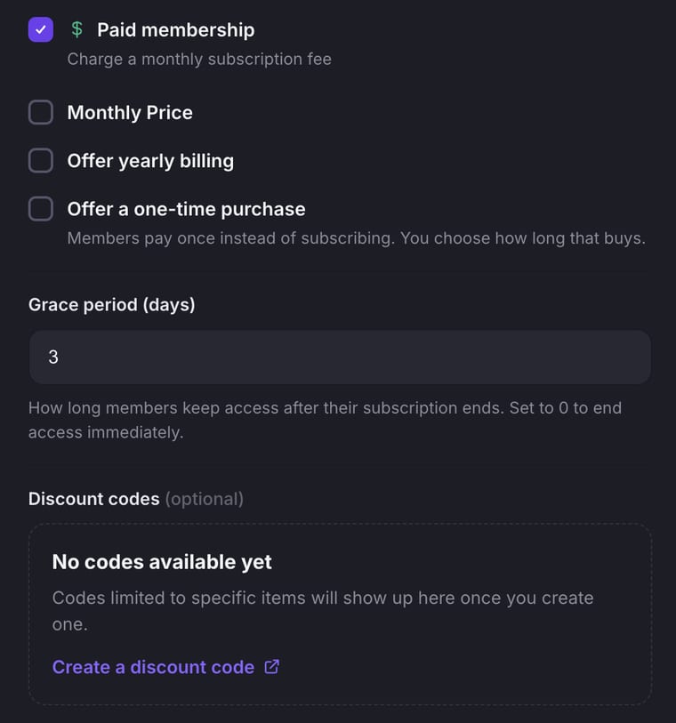 The Paid membership section enabled, showing checkboxes for Monthly Price, Offer yearly billing, and Offer a one-time purchase, followed by a Discount codes area in its empty state