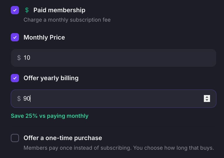 Paid membership with Monthly Price set to $10 and Offer yearly billing checked with a yearly price of $90, showing a Save 25% vs paying monthly label