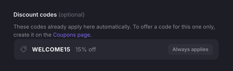 The Discount codes section showing an active WELCOME15 code offering 15% off with an Always applies badge
