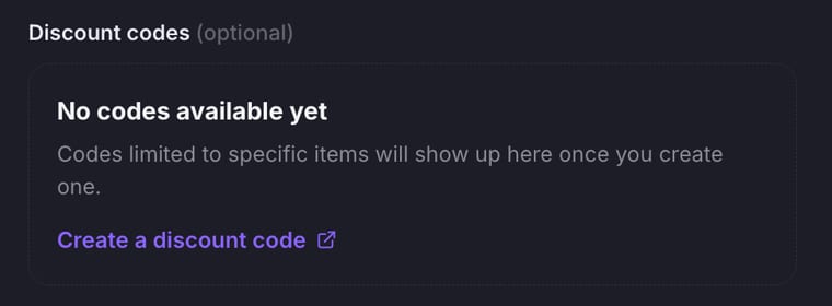 The Discount codes section showing an empty state with a message that no codes are available yet and a link to create a discount code