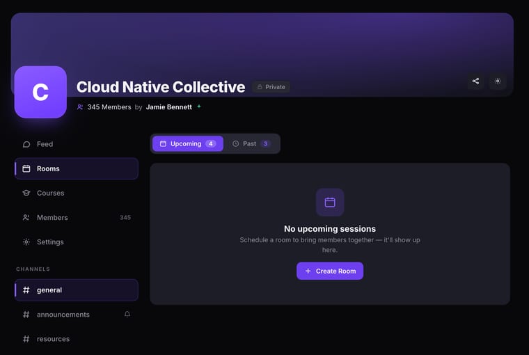 The community Rooms tab showing the Upcoming sub-tab selected with a No upcoming sessions empty state, a message to schedule a room to bring members together, and a Create Room button
