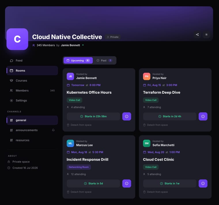The Upcoming tab showing four room cards with host avatars, dates, session titles, Video Call and Networking Room badges, attending counts, countdown timers, and Detach from space links