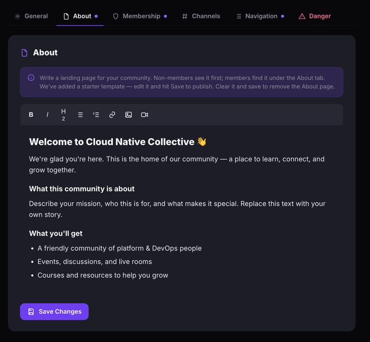 The About tab showing a rich text editor with a starter template including Welcome heading, What this community is about, and What you'll get sections