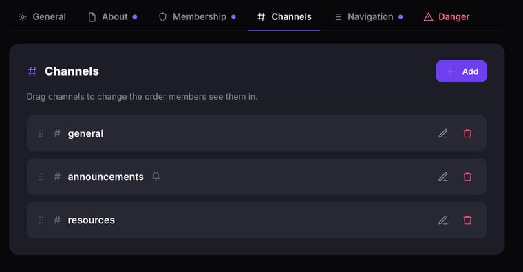 The Channels tab showing the default general, announcements, and resources channels with an Add button in the top-right corner