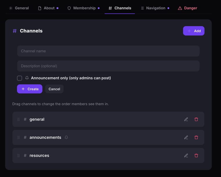 The add channel form showing fields for Channel name, Description, and an Announcement only checkbox, with Create and Cancel buttons