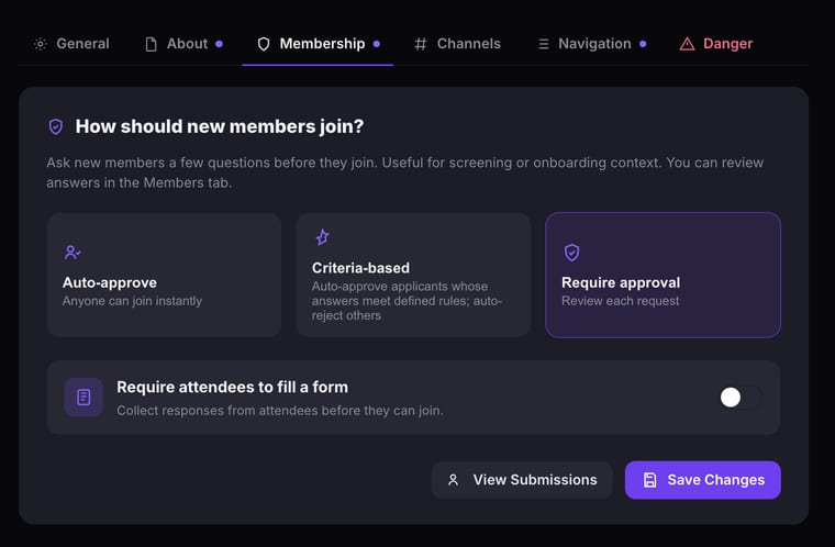 The Membership tab showing three join options: Auto-approve, Criteria-based, and Require approval, with a Require attendees to fill a form toggle below