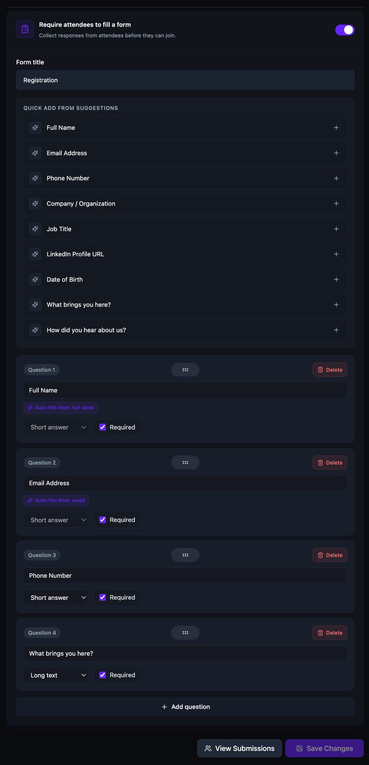 The join form builder showing the form title field, quick add suggestions, and a configured Full Name question with Short answer type and Required checked