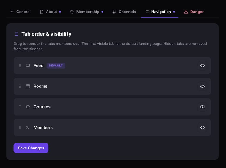 The Navigation tab showing Tab order and visibility with Feed as default, followed by Rooms, Courses, and Members, all visible