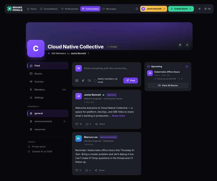 A community page showing the community name, privacy badge, member count, and owner, with a left sidebar containing Feed, Rooms, Courses, Members, and Settings tabs, Channels section with general, announcements, and resources channels, an About section, a post composer in the center feed, and an Upcoming rooms widget on the right