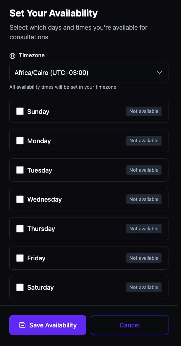 The Set Your Availability modal showing a Timezone dropdown set to Africa/Cairo, seven days of the week all unchecked and marked Not available, and Save Availability and Cancel buttons