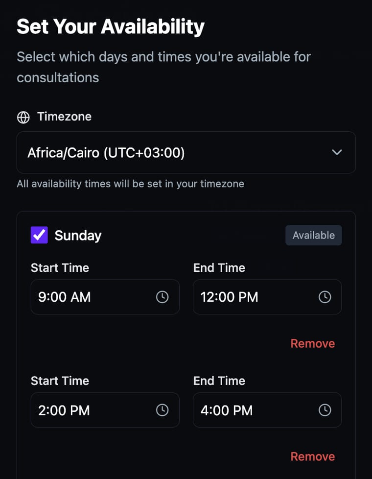 The Set Your Availability modal with Sunday checked and showing two time ranges — 9:00 AM to 12:00 PM and 2:00 PM to 4:00 PM — each with a Remove link